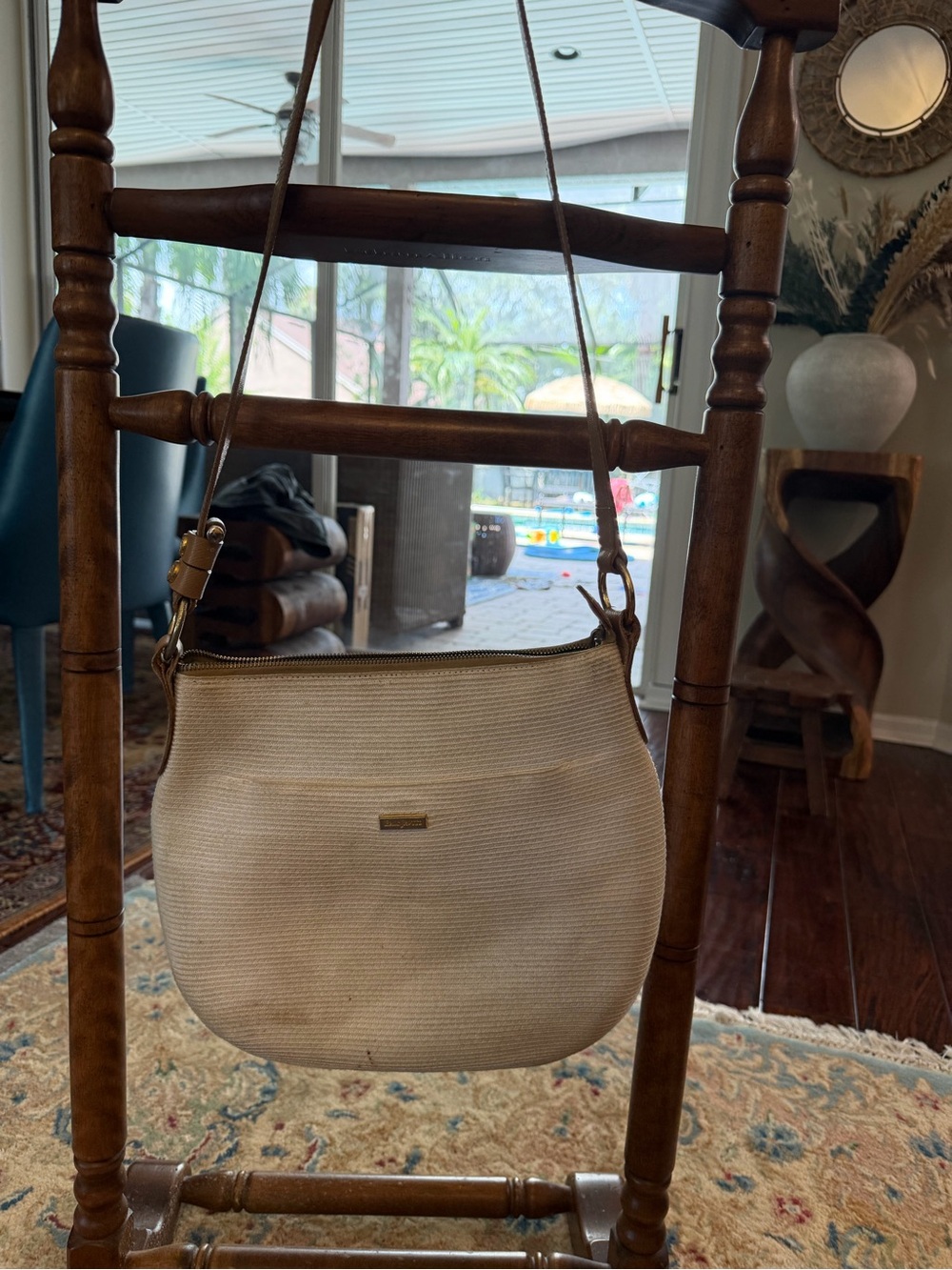 Eric Javits Beige Shoulder Bag with Brown Strap